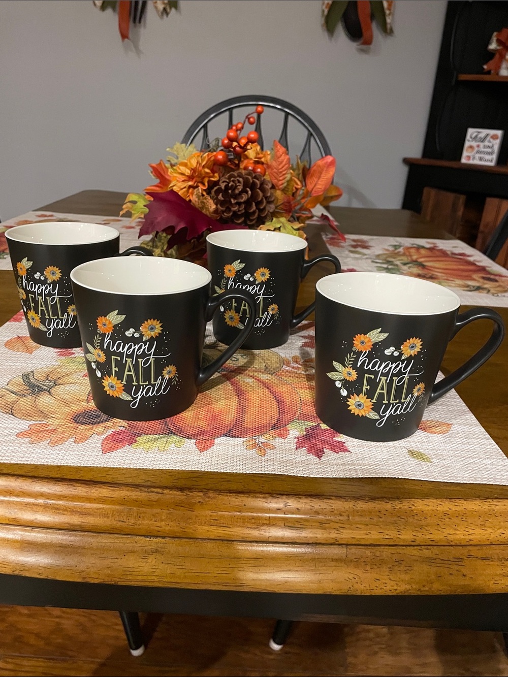 Happy Fall Y'all Black Ceramic Mug Set (4-Pack)